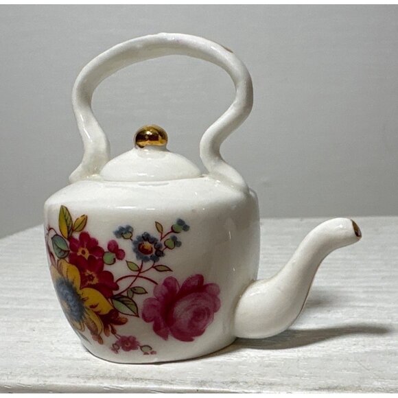 Miniature Doll House Floral Fine Bone China Teapot By Lu Pao Taiwan Gold Accents - Picture 5 of 11